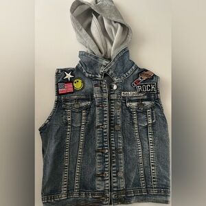 Kids Denim Vest with Gray Hood and Fun Patches